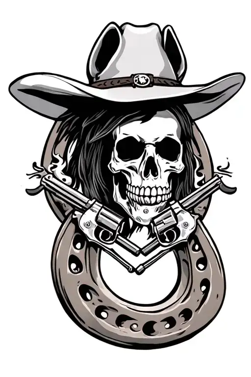 horse shoe with Skelton head wearing cowboy hat with two revolvers crossing each other with smoke coming out end tattoo design idea