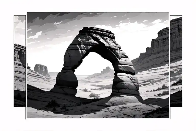  Delicate Arch -Moab, subtle lines, flow black and white minimalist, geometric, minimal shading, abstract, half sleeve tattoo design idea