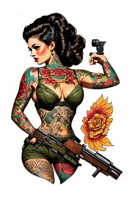 Sexy pin up girl, side profile, full body view, standing, petite, large boobs, Army tattoo design idea