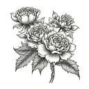 Two carnation and one Chrysanthemums with KKT at the bottom in cursive  tattoo design idea