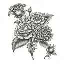 Two carnation and one Chrysanthemums with KKT at the bottom in cursive  tattoo design idea