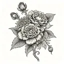 Two carnation and one Chrysanthemums with KKT at the bottom in cursive  tattoo design idea