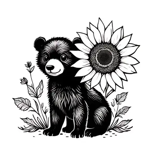 cute bear cub and sunflower tattoo design idea