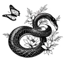 snake black and white with flowers and butterflies  tattoo design idea