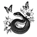 snake black and white with flowers and butterflies  tattoo design idea