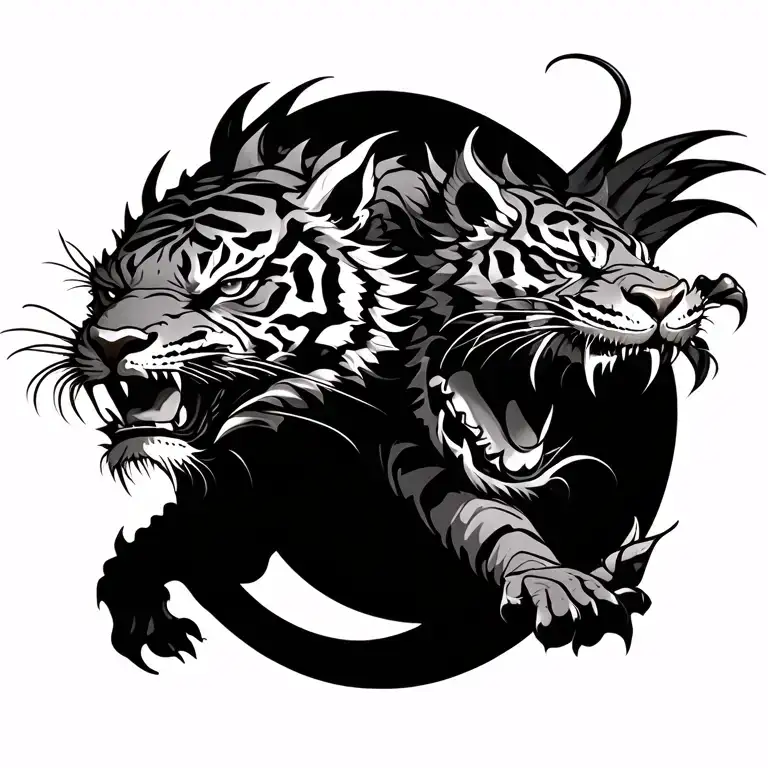 Tiger eating dragon flying tattoo design idea