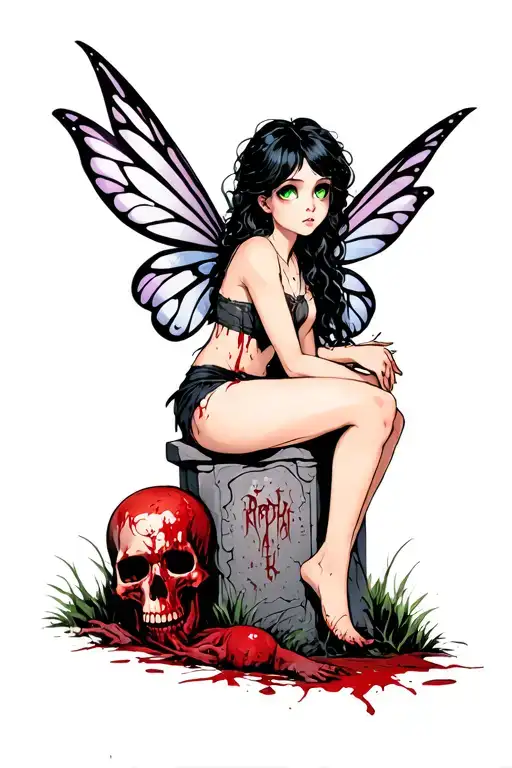 Fairy with black hair, green eyes sitting on a large tombstone holding a bloody skull with a headless corpse on ground tattoo design idea