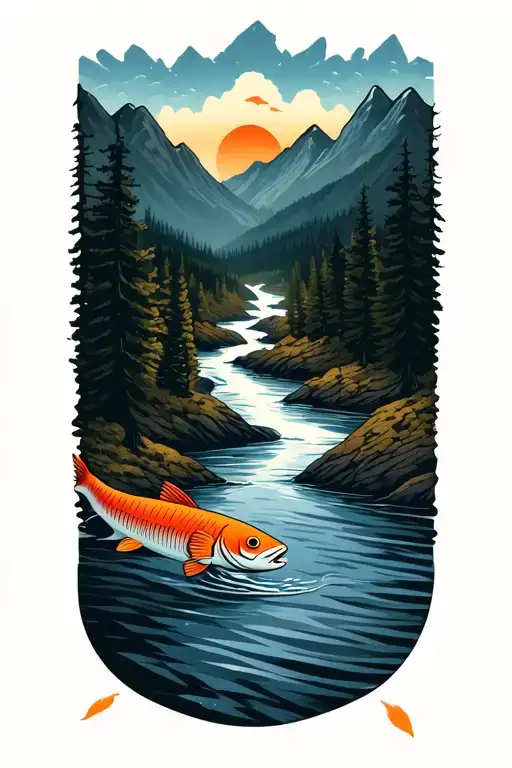 river flowing in wilderness, fish swiming downstream, mountains around tattoo design idea