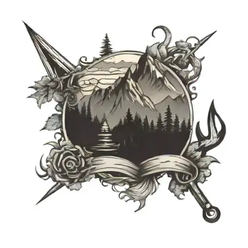 Mountains and forest with pathway with background trident and anchor tattoo design idea