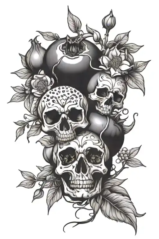 Pomegranate branches, flowers, fruit and seeds inspired by persephone with skulls in fruit tattoo design idea