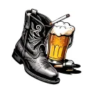 Cowboy boot with a piston hanging out of the boot, with a cigarette and a beer tattoo design idea