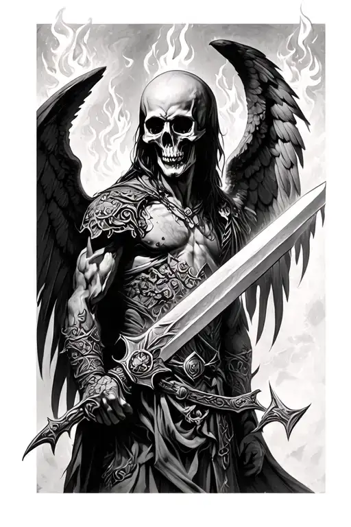 fallen angel of death, with skull face, fire in his eyes. with a sythe or sword tattoo design idea