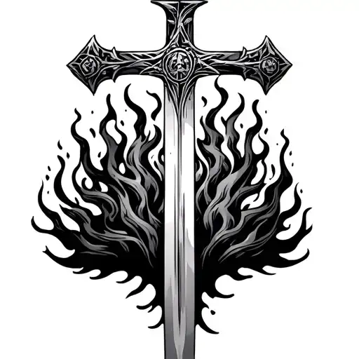 orthodox cross sword stuck in a flaming bush tattoo design idea