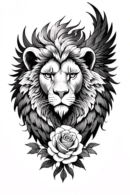 lion head phoenix tattoo with roses tattoo design idea