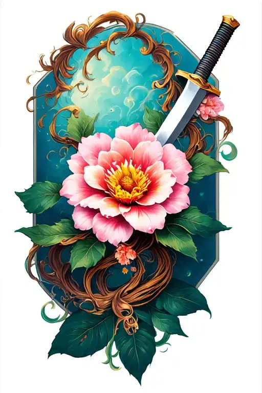 A realism tattoo design of the enchanted flower from Beauty and the Beast intertwined with Mulan's family katana, capturing the intricate details of both elements tattoo design idea