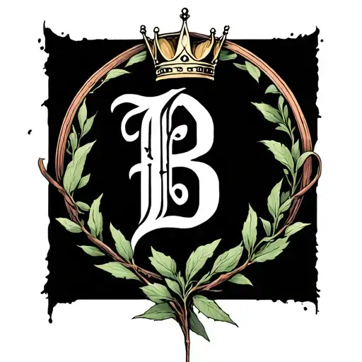 letter b with a crown on top inside of an olive branch circle  tattoo design idea