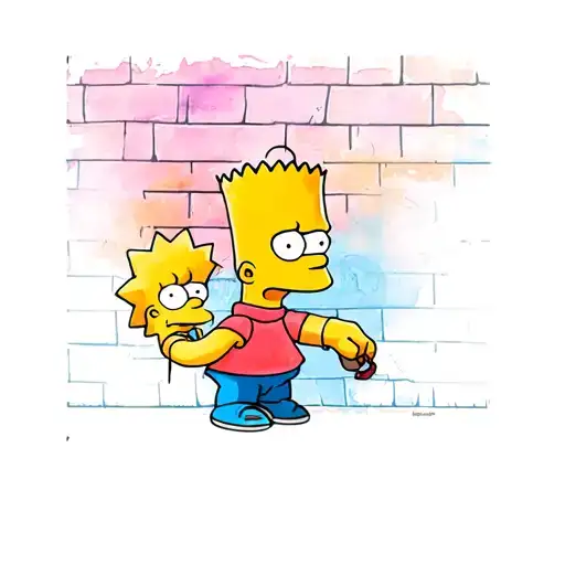 Color tattoo - Bart Simpson applies graffiti with the image of Lisa Simpson on a brick wall tattoo design idea