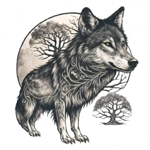 wolf , cross , moon , family tree tattoo design idea