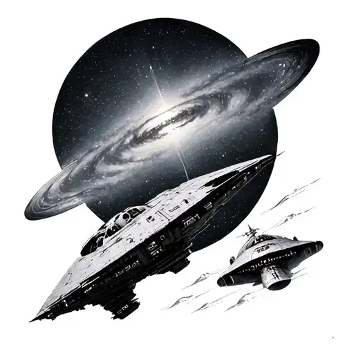 Realistic Milky Way galaxy and a spaceship flying out of its limits from the point where the planet Earth is located, le tattoo design idea