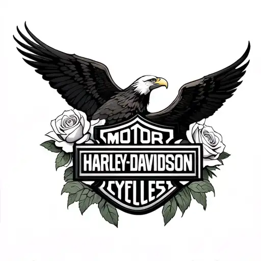 a black realistic Harley Davidson logo with two soft roses and a beautiful realism eagle tattoo design idea