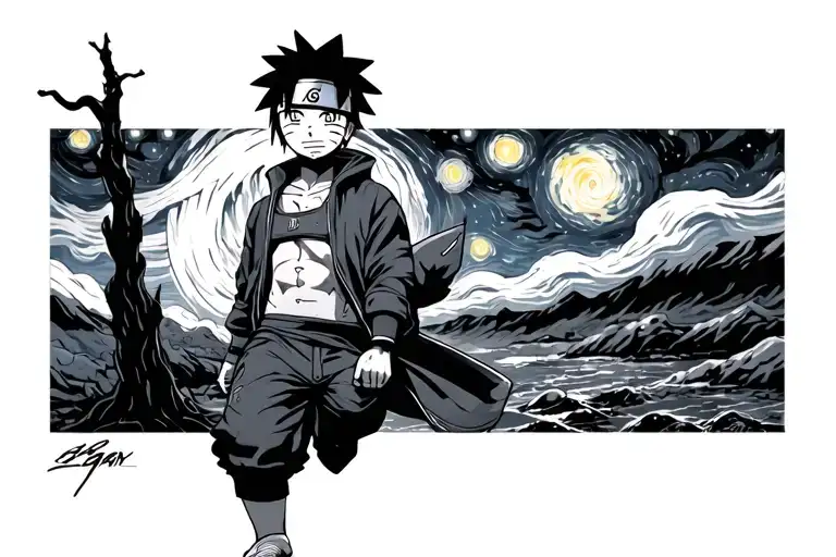 starry night and naruto one piece incorporating elements tattoo design idea