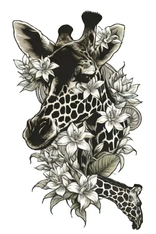 giraffe, larkspur, waterlily tattoo design idea