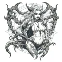 Sexy Pale Girl, petite, big boobs, wide hips, G-String. Messy hair, demonic horns, sexual. Seductive smile. Full Body tattoo design idea