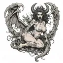 Sexy Pale Girl, petite, big boobs, wide hips, G-String. Messy hair, demonic horns, sexual. Seductive smile. Full Body tattoo design idea