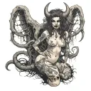 Sexy Pale Girl, petite, big boobs, wide hips, G-String. Messy hair, demonic horns, sexual. Seductive smile. Full Body tattoo design idea