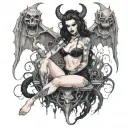 Sexy Pale Girl, petite, big boobs, wide hips, G-String. Messy hair, demonic horns, sexual. Seductive smile. Full Body tattoo design idea