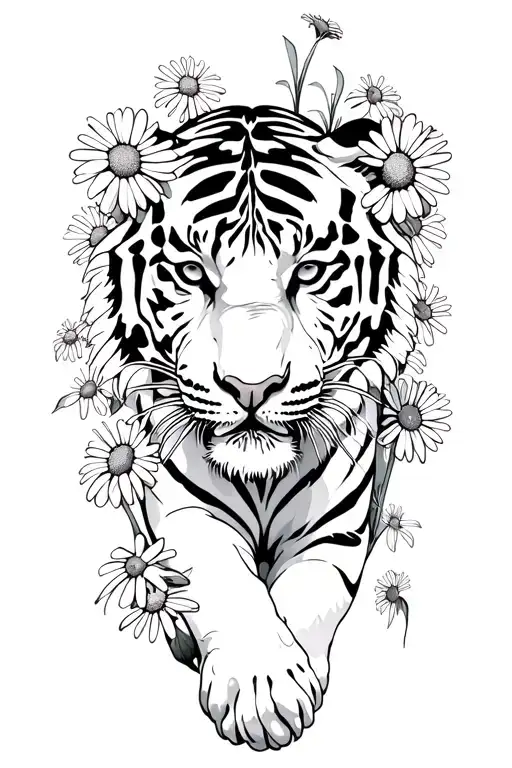 bush of daisy flowers with tiger walking tattoo design idea