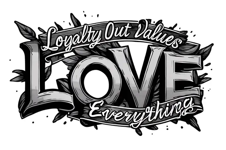 The quote "Loyalty Out Values Everything" (sideways) going through the letters LOVE (in all caps). tattoo design idea