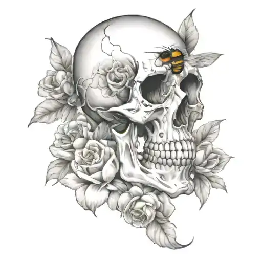 skull, flowers, library, bumble bees tattoo design idea
