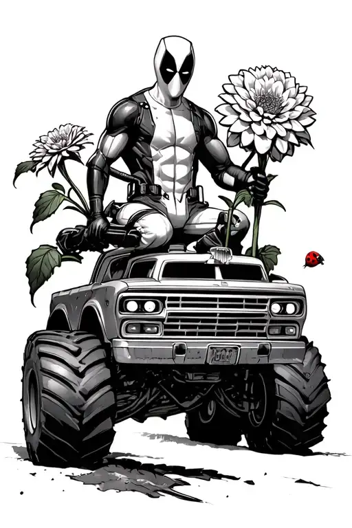 Deadpool on a monster truck holding a dahlia with a ladybug tattoo design idea