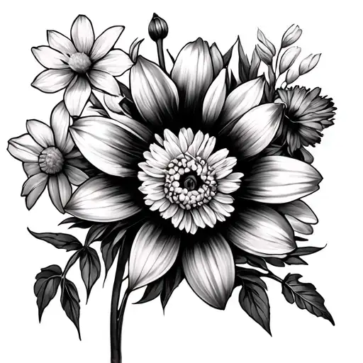 daffodil, larkspur, aster, marigold, chrysanthemum blended together  tattoo design idea