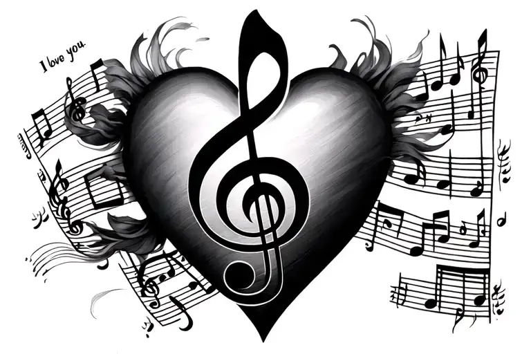 treble and bass clef as a heart with sheet music flowing out with notes being the chorus 'I love you' by Billie Eilish tattoo design idea