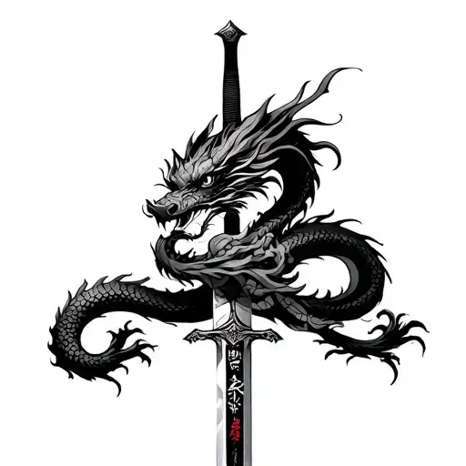japanese dragon wrapped around sword tattoo design idea