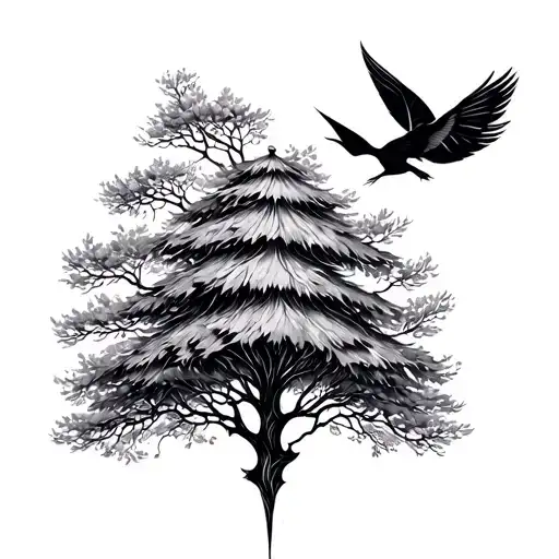 Minimalist line art tattoo design of a tree with branches and a canopy made of bird feathers, elegant fine black lines,  tattoo design idea