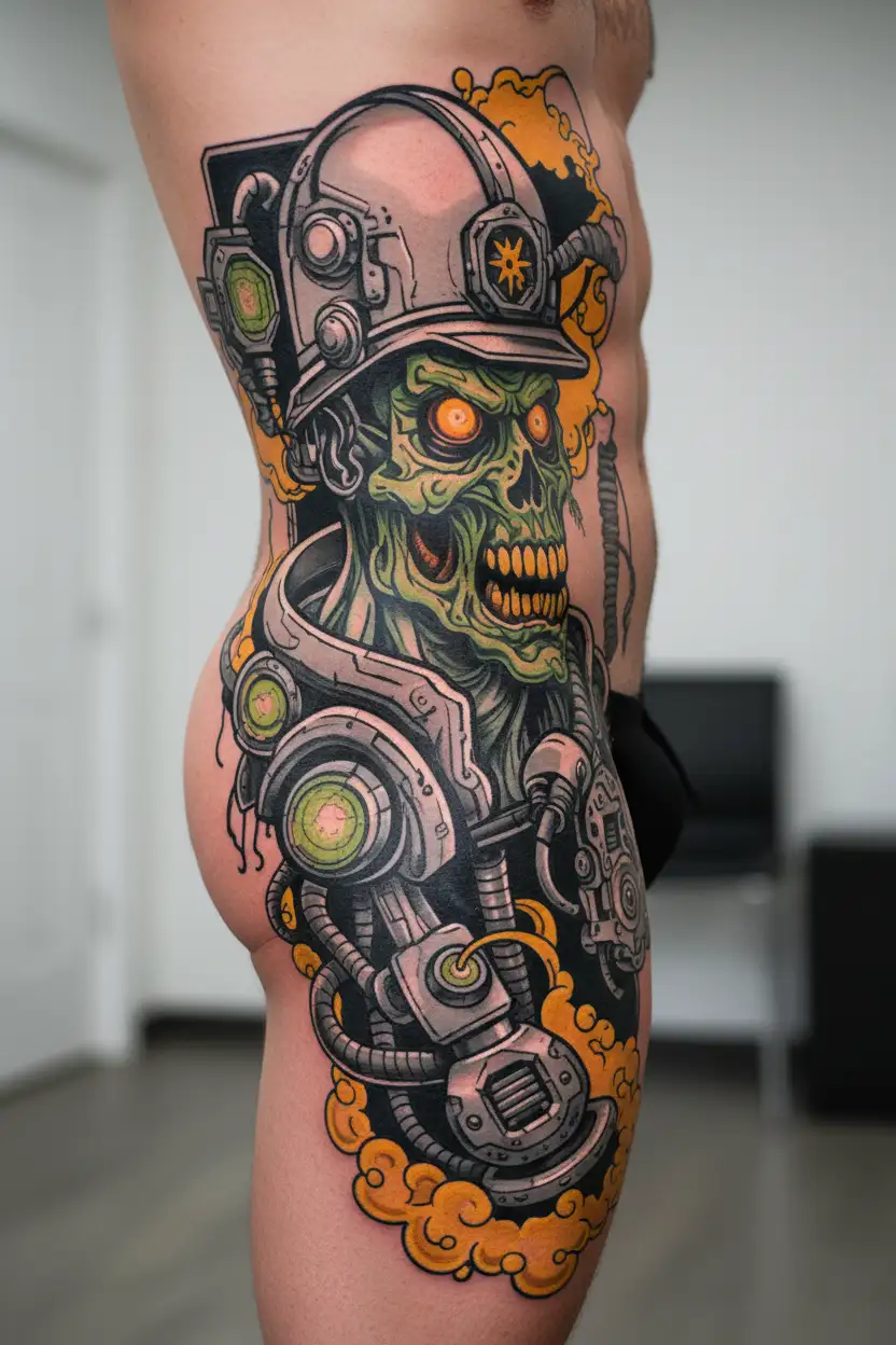 Electrician zombie with helmet with neon details tattoo design idea