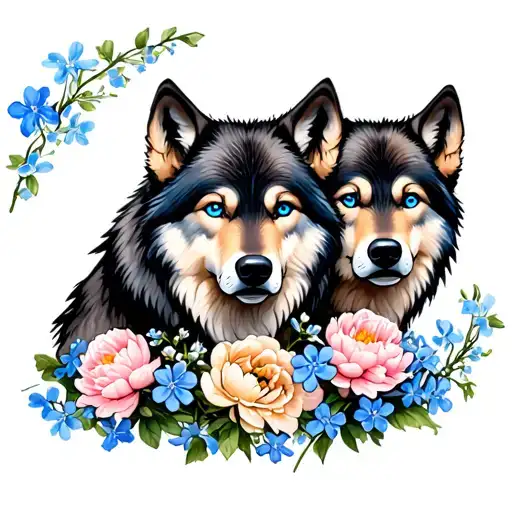 Wolf with blue eyes and two wolf cubs with peonies and forget -me -nots tattoo design idea
