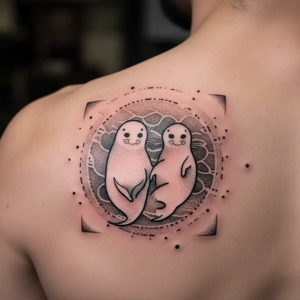 a seal and an otter hugging in heart shape  tattoo design idea