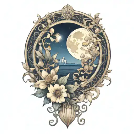 crescent moon, floral, symmetrical, art deco tattoo design idea
