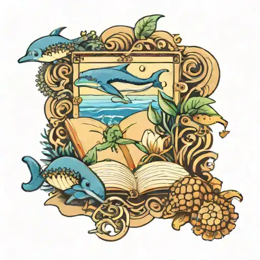 An intricate tattoo featuring a mix of marine animals like dolphins, turtles, and seahorses in a neotraditional style, with a beach setting and a book in the sand tattoo design idea