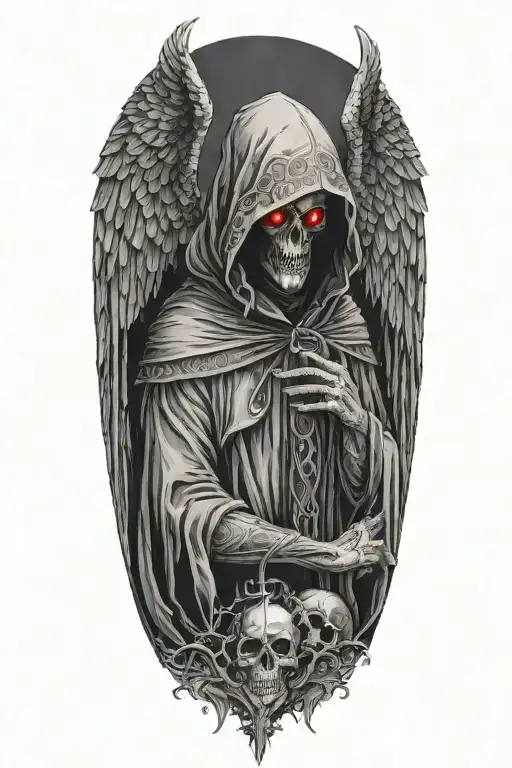 angel of death, with black wings, in a black shabby cloak with a hood, with red eyes with a glare tattoo design idea