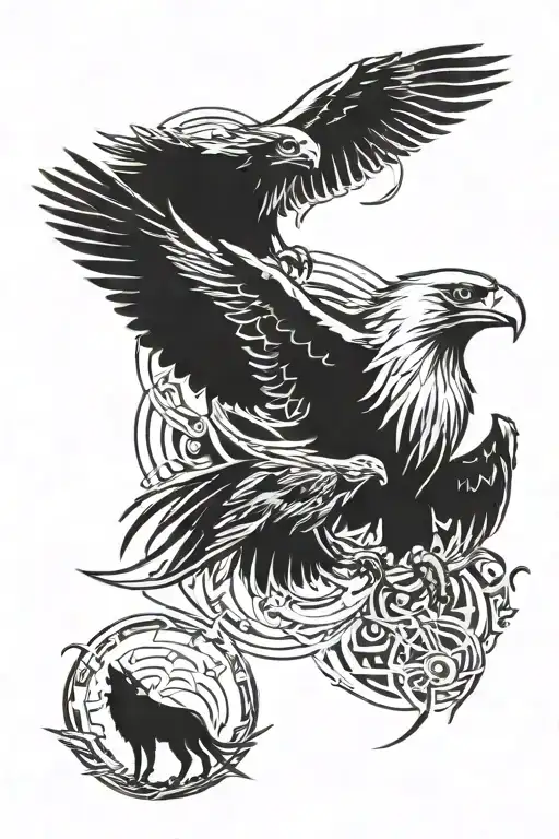 eagle and wolf with northern lights tattoo design idea