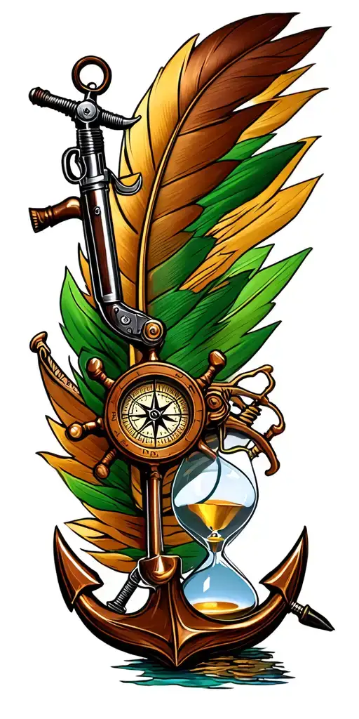 US Navy flintlock pistol, a quill pen, a compass, an anchor, a ship's wheel, an hour glass tattoo design idea