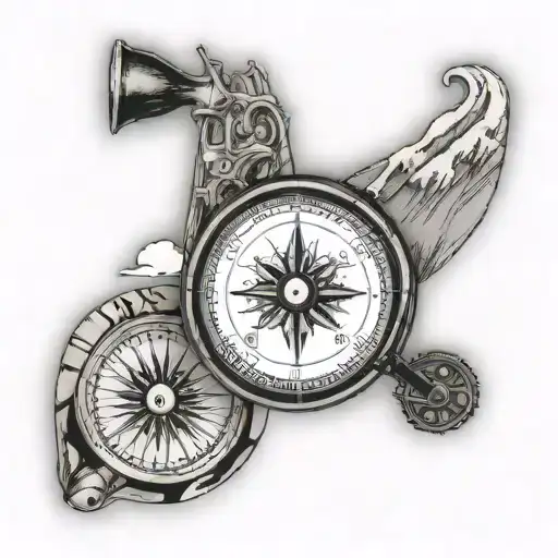 a compass card with a road bike on north, mosque on south with Everest in the background tattoo design idea