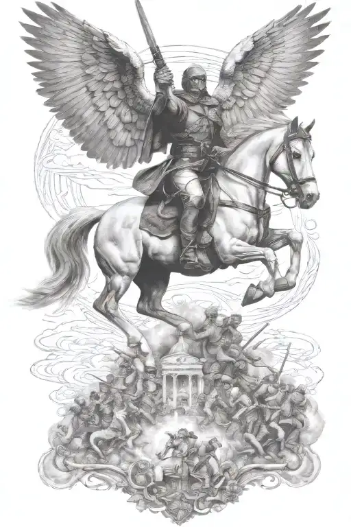 angel ride horse galloping through the war scene tattoo design idea