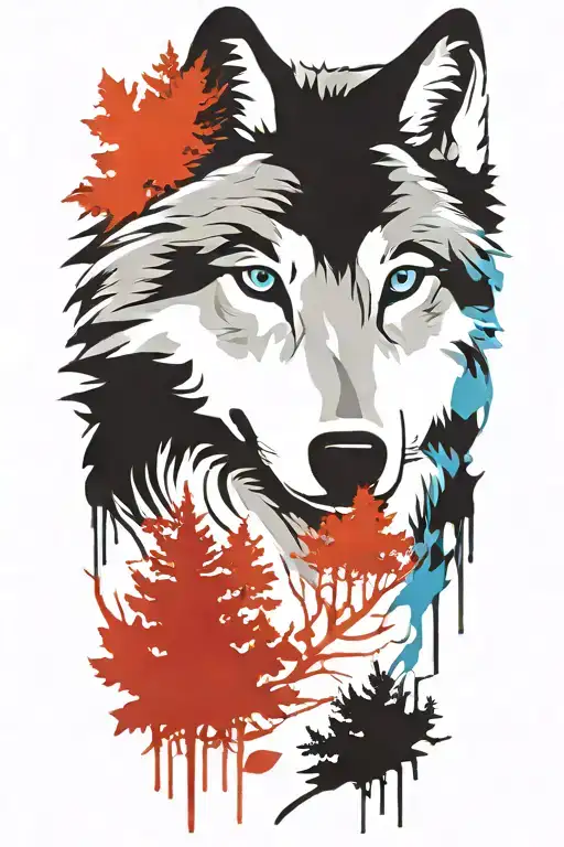 wolf blue eyes forest landscape tattoo design idea
