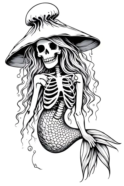 skeleton mermaid with jellyfish hat tattoo design idea